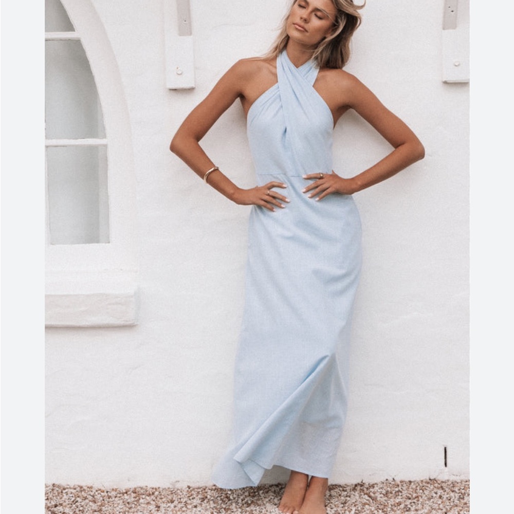 Petal & Pup Light Blue Halter Maxi Dress